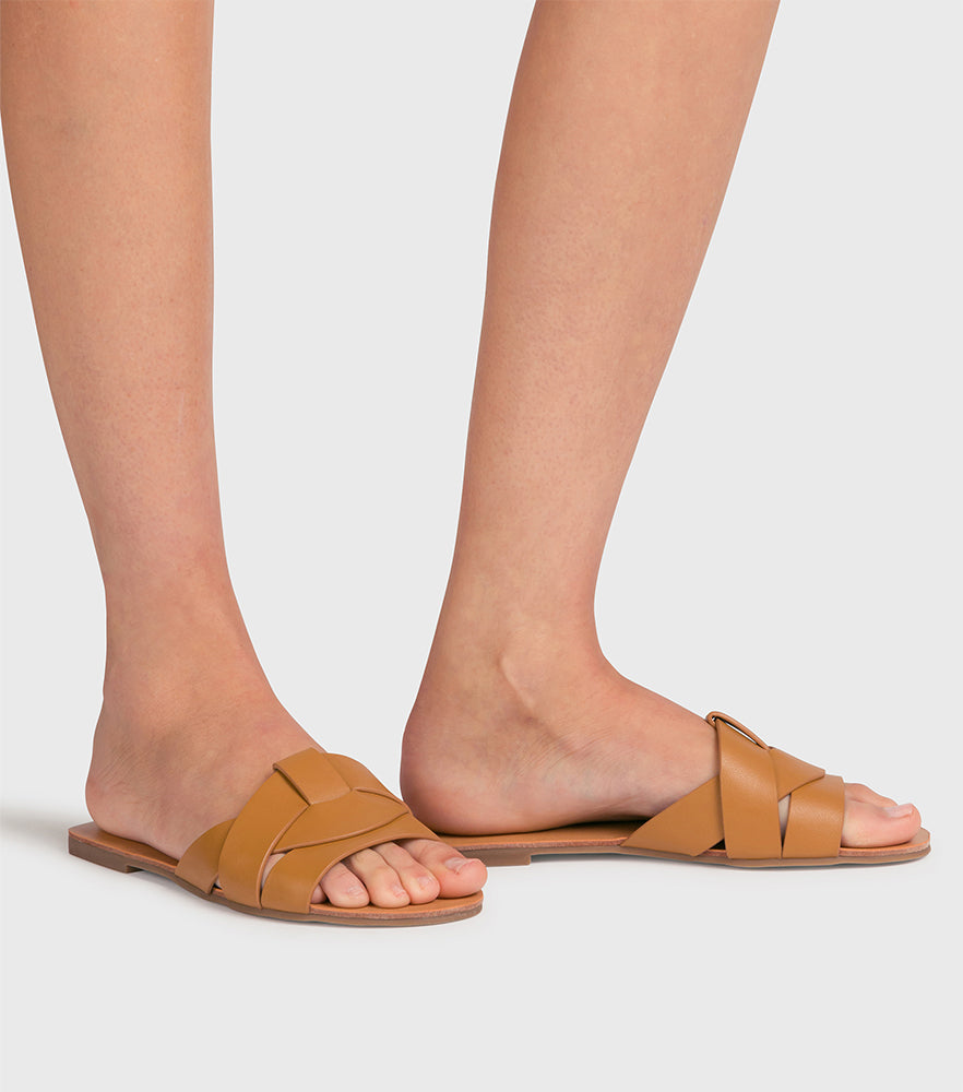 Charlotte Tan Slip on Flat Sandal
