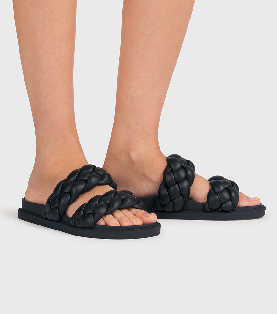 Ruby Black Plaited Double Strap Sliders